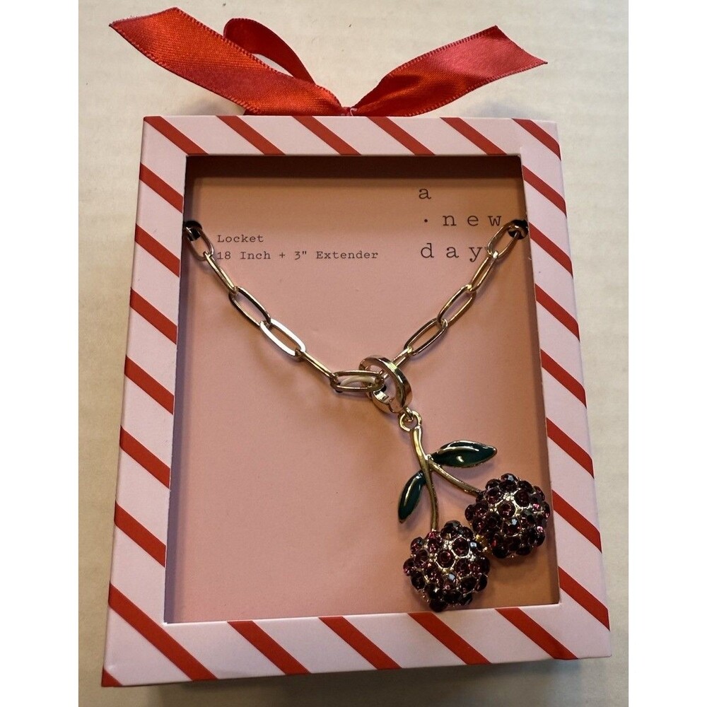 A New Day Locket Necklace - Gold Tone Cherries Locket Charm - 18” NEW In Box